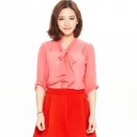 飘带领浪漫优雅雪纺中袖衬衫 胭脂红