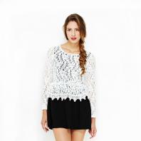 JX假两件套蕾丝拼接连衣裙 白色/黑...