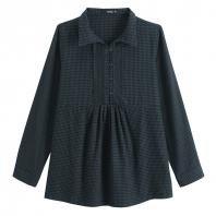 全棉色织格子花边舒适女式长袖衬衫 蕾丝深灰格