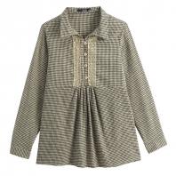 全棉色织格子花边舒适女式长袖衬衫 蕾丝深灰格