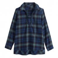 全棉色织格子格调拼接女式长袖衬衫 蓝绿格子