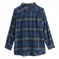 全棉色织格子格调拼接女式长袖衬衫 蓝绿格子